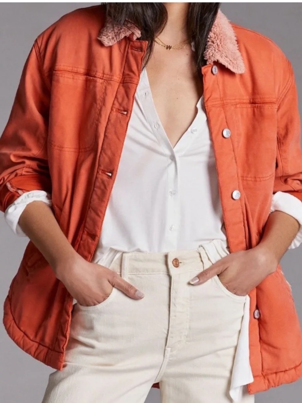 Anthropologie Salmon colored Sherpa-Trim Teddy Jacket